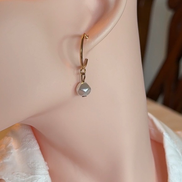 Gold Tone Earrings with Pearl Charm - Picture 1 of 3